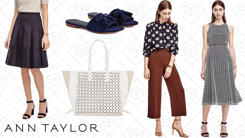 Pleated Poplin Skirt, $43 | Nadia Suede Tassel Slides, $35 | Signature Laser Cut Tote, $63 | Piped Fluid Ankle Pants, $15 | Double Eyelet Dress, $35
